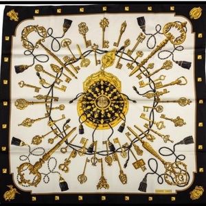 Hermes vintage cream, black & gold silk scarf